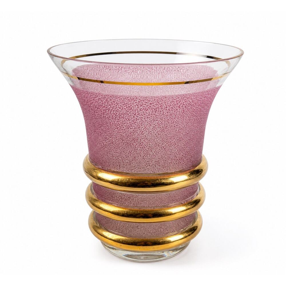 Vintage Art Glass Vase Pink Frosted Gold Bands Signed 7” Mid Century Modern